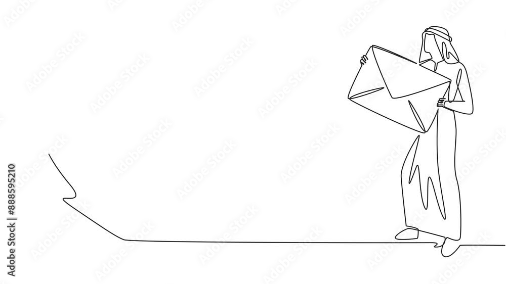 Poster animation of a single one line drawing arab businessman throwing the large envelope in the trash. de