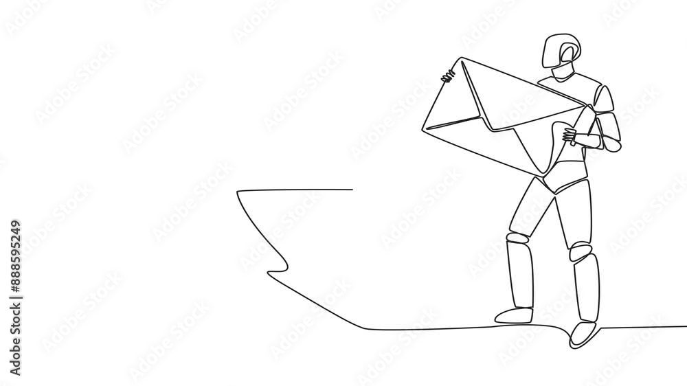 Poster self drawing animation of single one line drawing robot throw large envelope in the trash. eliminate