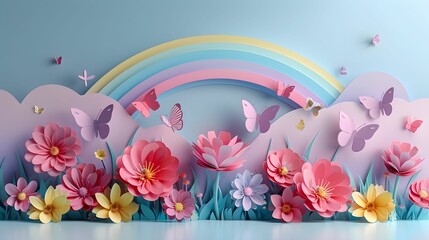 Paper cut designed a butterfly landing on a pastel flower, with other insects like bees and ladybugs around.