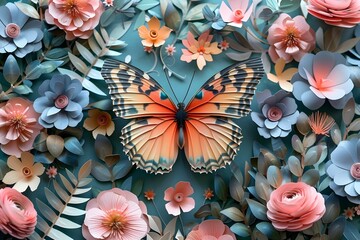 Paper cut designed a butterfly landing on a pastel flower, with other insects like bees and ladybugs around.