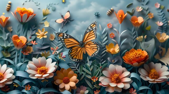 Paper cut designed a butterfly landing on a pastel flower, with other insects like bees and ladybugs around.