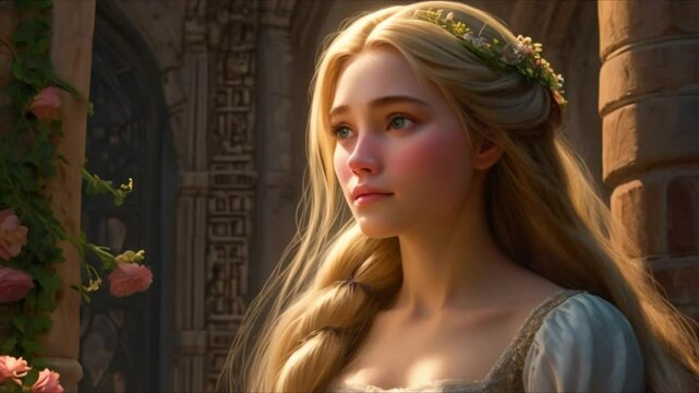 A beautiful, golden-haired Rapunzel with wise eyes. This painting shows her beautiful, otherworldly look in great detail, from her hair to her dress. Rich colors and skillful brushwork