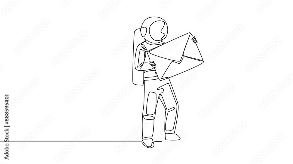 Poster self drawing animation of continuous one line drawing astronaut throw large envelope in the trash. a