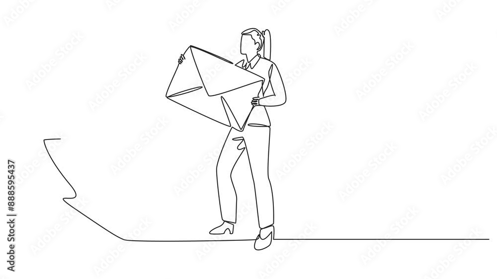 Poster animated self drawing of single continuous line drawing businesswoman throw the large envelope in th