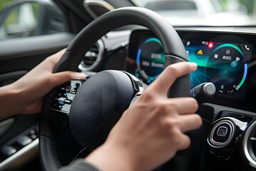 Close-up photo of interior steering wheel of luxury sedan car with driver in suit
