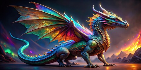 Majestic dragon with shimmering ammolite scales in vibrant colors on its wings and body , dragon, majestic, fantasy