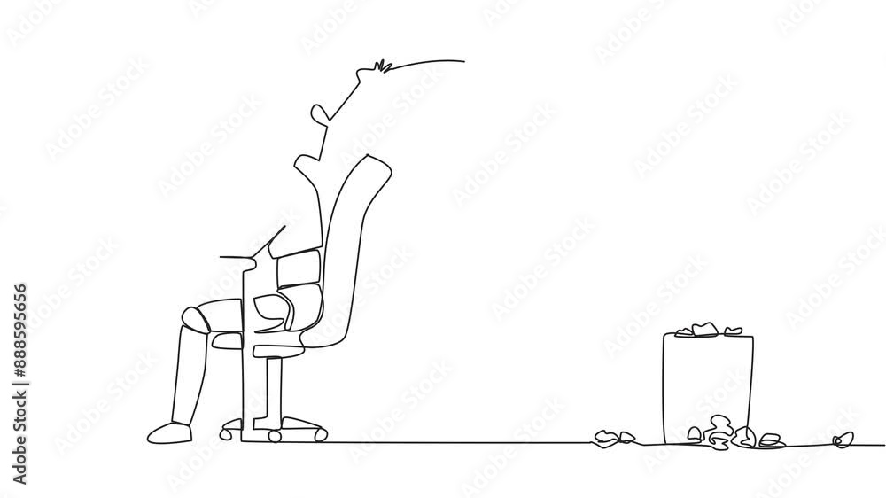 Poster animation of single continuous line drawing robot typing at work desk throwing wads of paper into tr