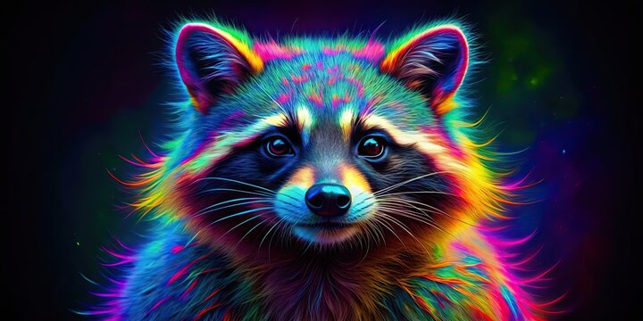 Psychedelic UV neon raccoon trash panda with vibrant colors and patterns, psychedelic, UV, neon, raccoon, trash panda, vibrant