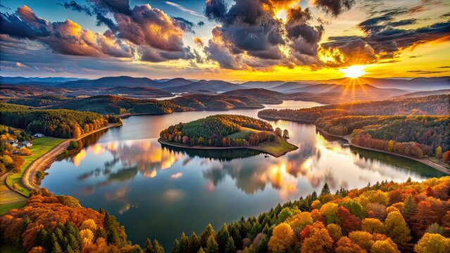 Sunset over Lake Solina in Bieszczady Mountains with a view of Jawor in autumn from a bird's eye view, sunset, lake