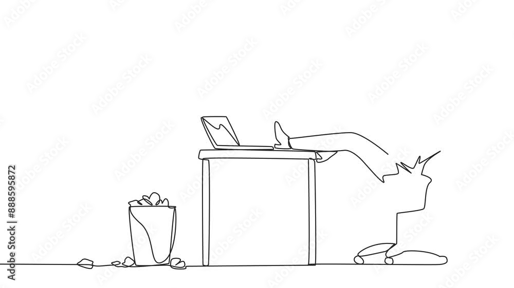 Aufkleber self drawing animation continuous one line drawing businesswoman sitting in chair throwing wads of p