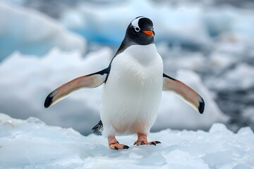 Obraz premium A penguin stands still on the ice in Antarctica.