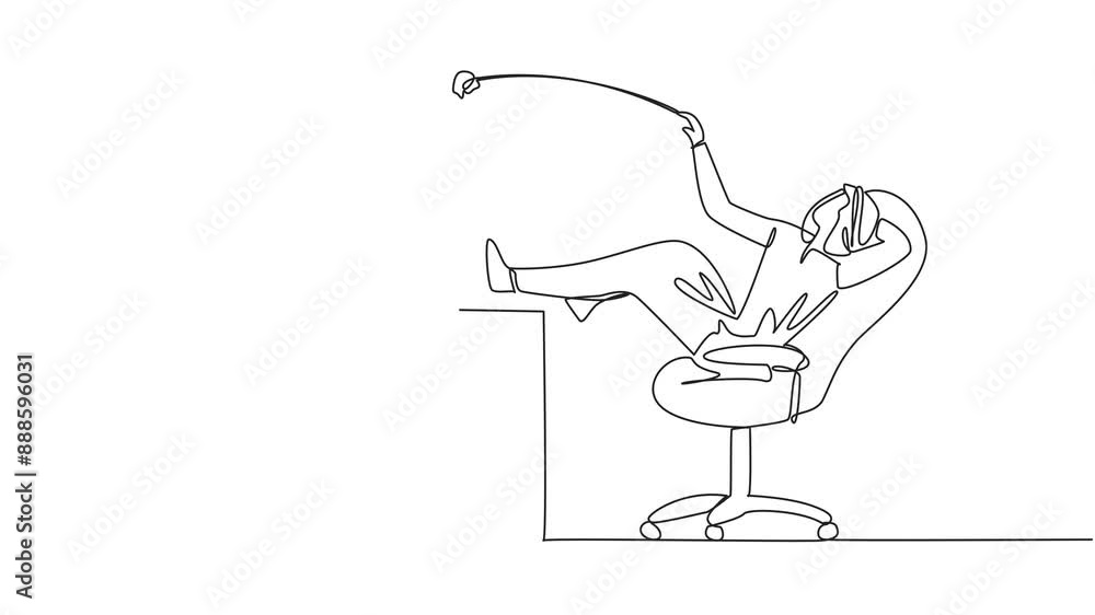 Poster animated self drawing of single one line drawing arabian businessman sitting in a office chair throw