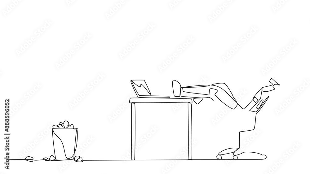 Poster self drawing animation of continuous one line drawing astronaut sitting in a chair throwing wads of 