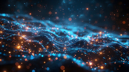 Abstract digital waveforms with glowing particles and vibrant colors, representing data flow and futuristic technology concepts.