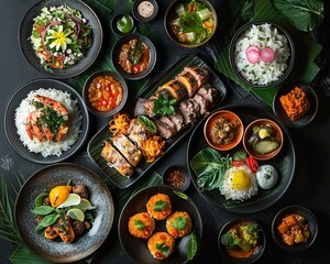 Capture the vibrant colors and textures of exotic dishes up close, showcasing the essence of culinary tours Emphasize the details that evoke a sense of worldwide gastronomic adventure