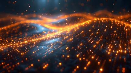 Futuristic digital landscape with glowing orange particles and wave patterns on a dark background. Abstract technology concept.