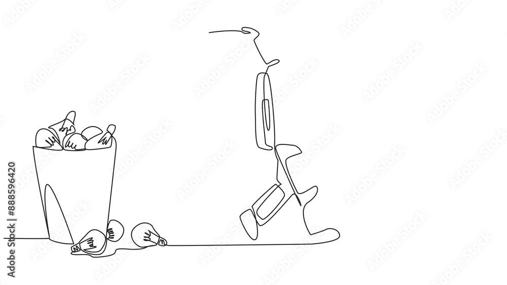Aufkleber animation of a single one line drawing astronaut walking and throwing light bulbs into the trash can