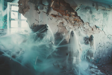 A group of white ghosts are standing in front of a wall with a blue background.