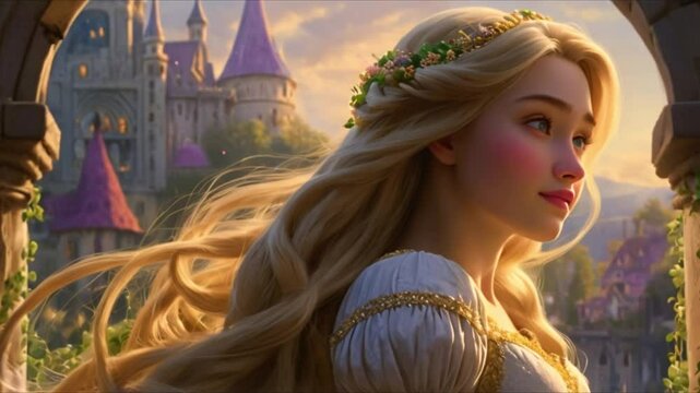 A beautiful, golden-haired Rapunzel with wise eyes. This painting shows her beautiful, otherworldly look in great detail, from her hair to her dress. Rich colors and skillful brushwork