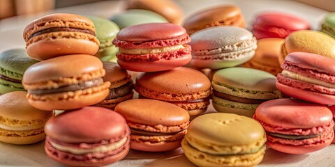 Pastel-hued macaroons in various colors floating on a light and airy background, whimsical, treats, sweets, macaroons, pastel