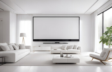 minimalistic interior design, Living room, home theater, huge projection screen, white decoration style, bright environment, side view, minimalist style, ultra-realistic