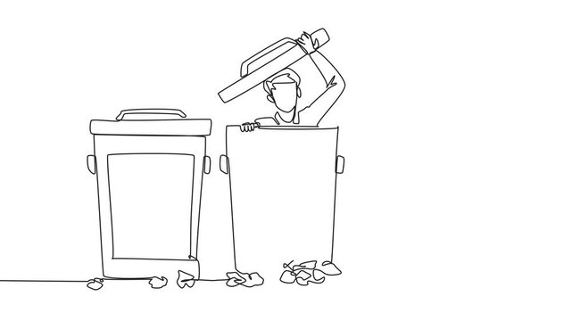 Animation of a continuous one line drawing businessman peeking out of a trash can, there were lots of wads of paper. Frustration. Disguise so that whereabouts are not known. Full length motion