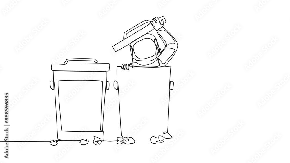 Poster animated self drawing of single continuous line drawing astronaut peeking out of the trash can, ther