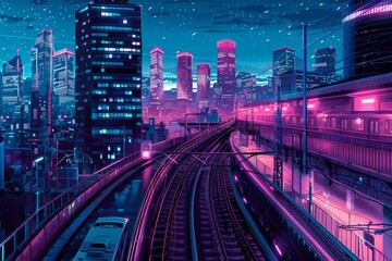 Fototapeta premium Neon-lit Cyberpunk Cityscape in Pink and Blue Tones, Futuristic Urban Landscape