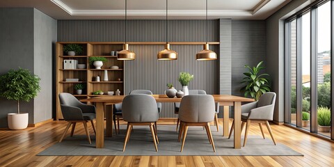 Modern wood dining room interior with gray chairs and a brown table, wood, dining room, interior, gray, chairs, brown, table