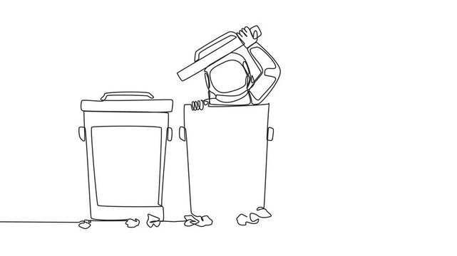 Animated self drawing of single continuous line drawing astronaut peeking out of the trash can, there were lots of wads of paper. Failed expedition. Cosmic galaxy outer space. Full length animation
