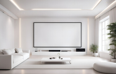 Fototapeta premium minimalistic interior design, Living room, home theater, huge projection screen, white decoration style, bright environment, side view, minimalist style, ultra-realistic