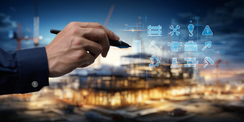 Engineer concept. Construction with machine icons or construction technology.