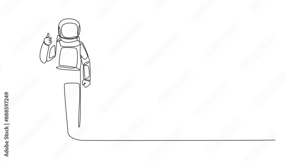 Poster animation of single continuous line drawing astronaut stands with thumbs up pose and steps on the pi