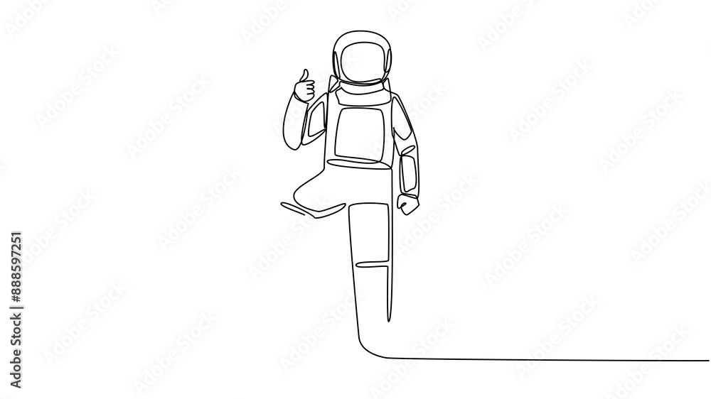 Poster self drawing animation of continuous one line drawing astronaut stands in a thumbs up pose, steps on