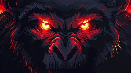 Fototapeta premium an angry and evil looking monkey with glowing red eyes. header banner template. sharp teeth. very beautiful sharp fangs