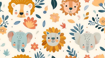 Seamless pattern with cute cartoon lion and elephant faces flowers and leaves