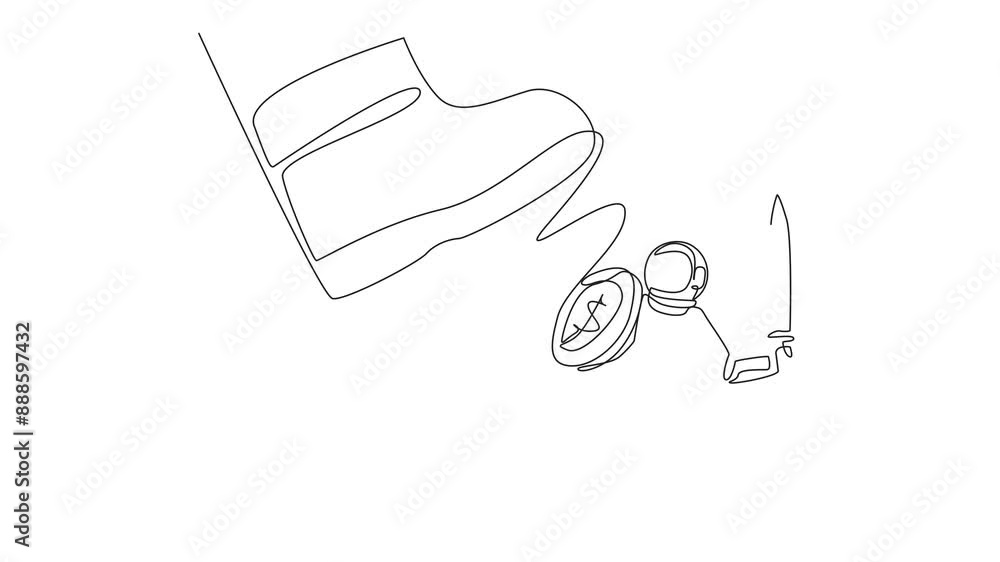 Poster animated self drawing of single one line drawing astronaut tries to ward off the giant foot that wan