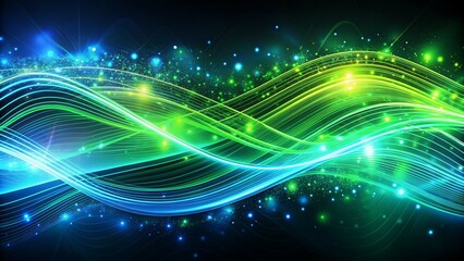 Fototapeta premium This captivating futuristic background features mesmerizing green and blue neon waves cascading at high speed, accented with bokeh lights, capturing the essence of data transfer in a visually stunning