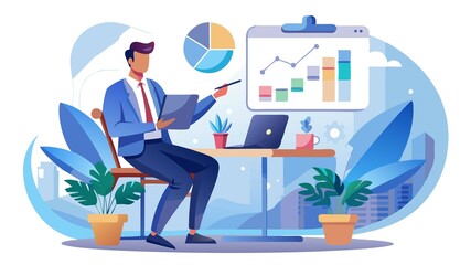 This captivating scene features a businessman analyzing a company's financial balance sheet with the help of digital graphics. The design evokes a sense of strategic planning and is perfect for highli