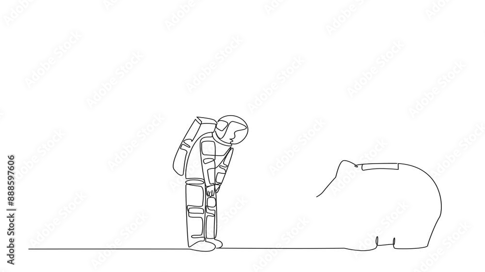 Poster animated self drawing of single one line drawing astronaut nodded in front of giant foot that steppe