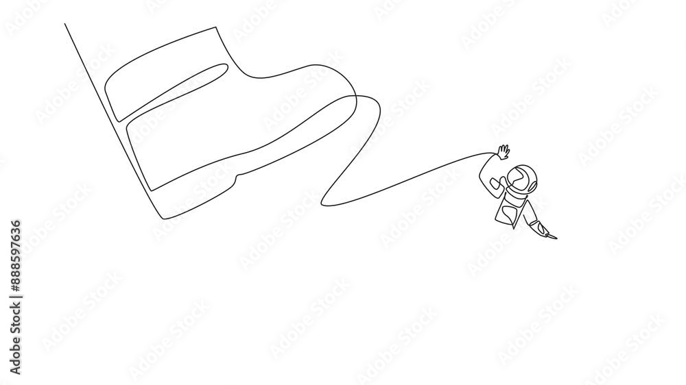 Poster self drawing animation of continuous one line drawing astronaut riding piggy bank runs away from gia