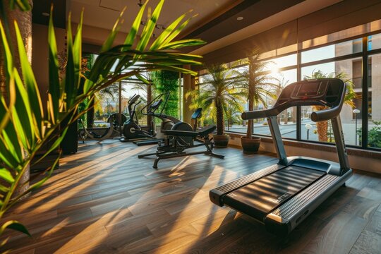 Modern Luxury Gym with Treadmills and Health Club Equipment Surrounded by Palm Trees in a Hotel Training Center, Offering a Premium Fitness Experience