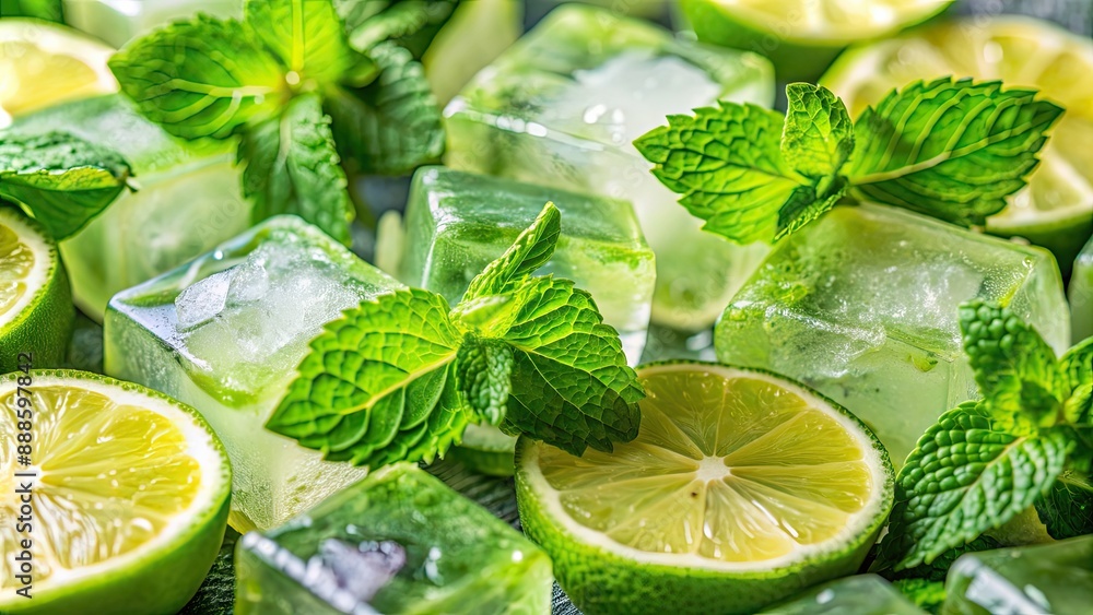 Canvas Prints High-Quality Closeup of Lime and Mint Ice Cubes Texture and Detail, lime, mint, ice cubes, closeup, high-quality, refreshing