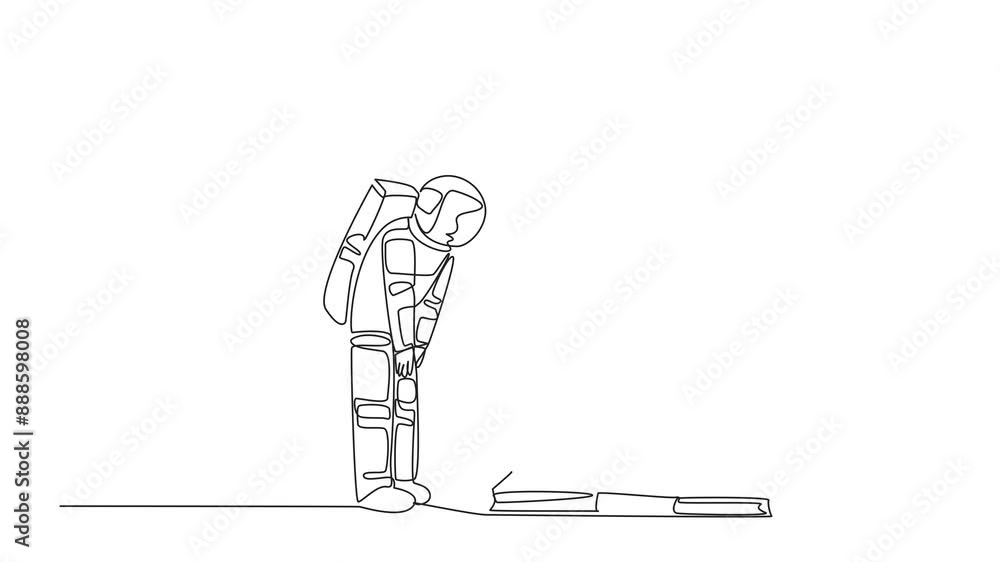 Aufkleber animation of continuous one line drawing astronaut nodded in front of giant foot stepping on a stack