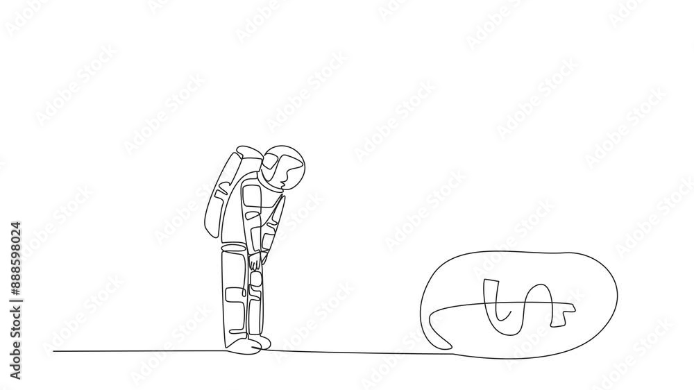 Aufkleber animated self drawing of single continuous line drawing astronaut nodded in front of giant foot step