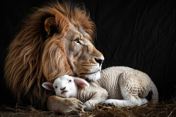 A lion is laying down next to a lamb.