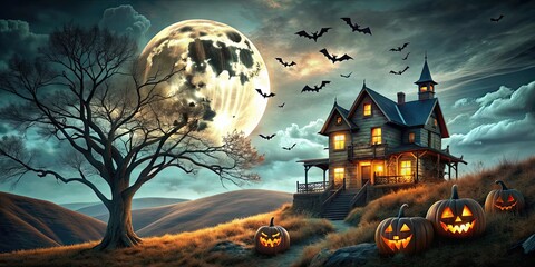 Fototapeta premium of a haunted house on a hill with jack-o'-lanterns, bare trees, and bats flying under a full moon, haunted house