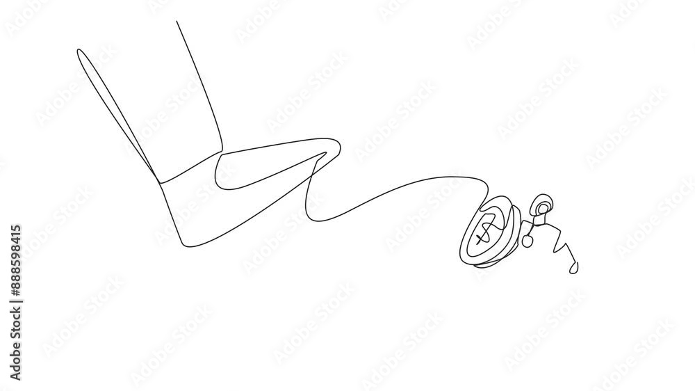 Poster animation of single continuous line drawing smart robot tries to ward off the giant foot that wants 