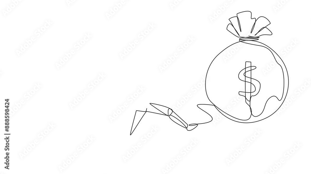 Poster animated self drawing of single one line drawing smart robot kicking money bag. freedom to act witho