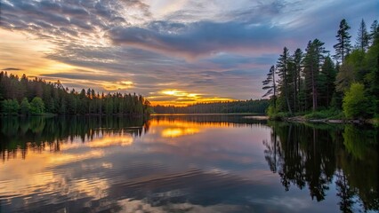 Fototapeta premium A peaceful background of a serene forest lake at sunset, forest, lake, water, sunset, nature, tranquil, peaceful, reflection